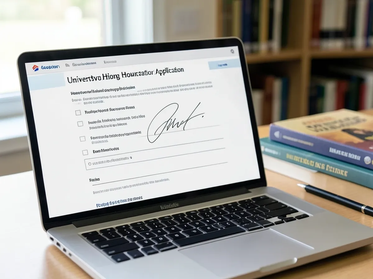 Student laptop showing an academic form with a clean cursive signature image pasted into the required field, ready for digital submission