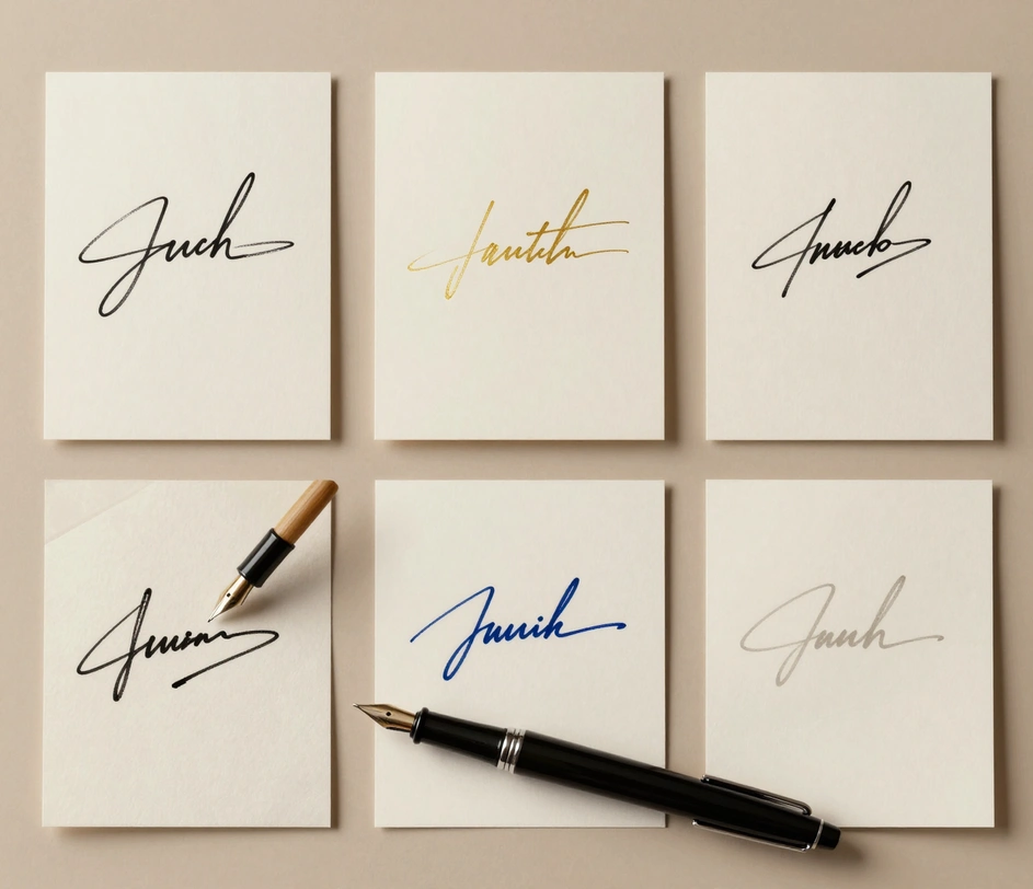 Five real scenarios for handwritten signatures displayed across one canvas — contracts, academic forms, freelancer invoices, artist merchandise, and remote team approvals — unified by consistent ink-on-paper aesthetics