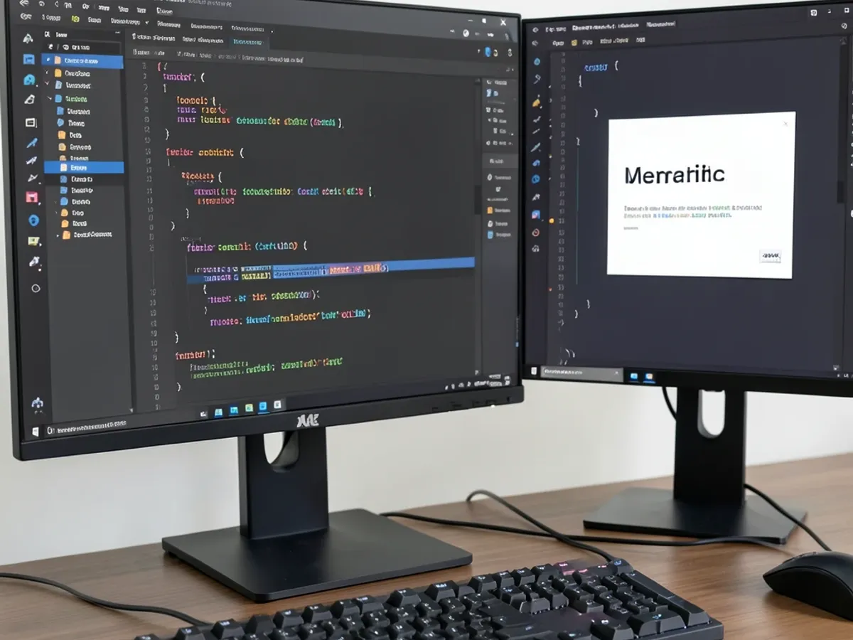 Pracovní stanice vývojáře zobrazující vygenerovaný HTML kód e-mailového podpisu integrovaný do většího rámce e-mailové šablony s inline styly a správnou strukturou tabulky