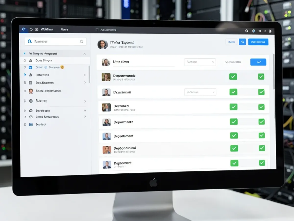 Panel IT administrátora zobrazující hlavní šablonu HTML e-mailového podpisu distribuovanou zaměstnancům s datovými poli na osobu a indikátory stavu nasazení