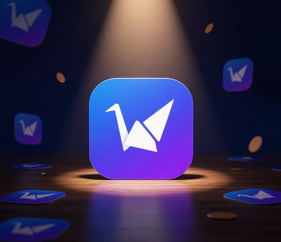 A finished app icon set pinned above a desk with a laptop, style cards, and a phone home screen showing the new icon installed