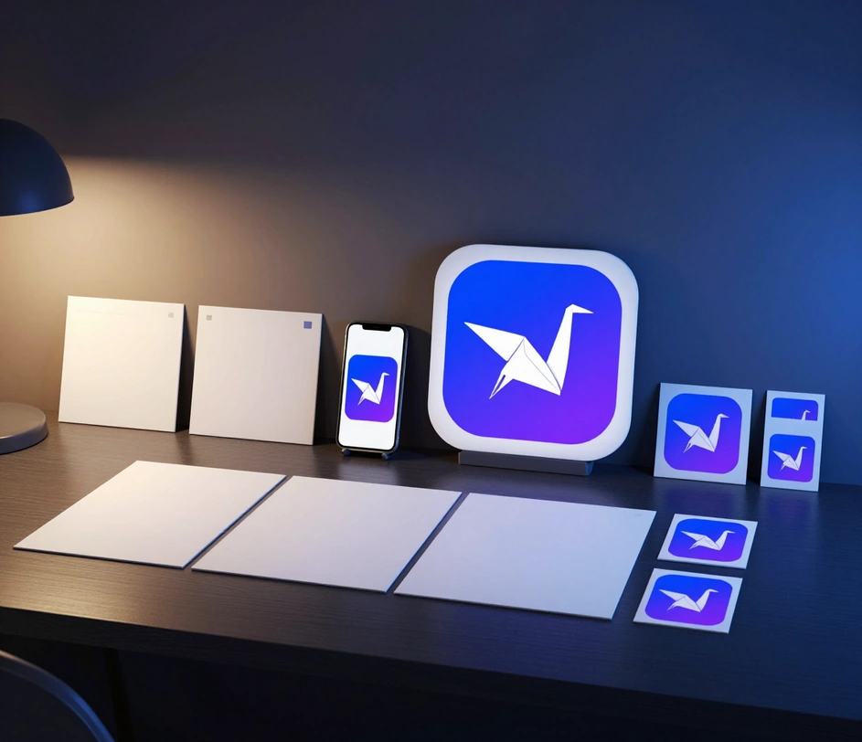 A bright desk with a laptop showing an icon prompt, six icon style swatch cards, and a finished app icon set printed on glossy cards