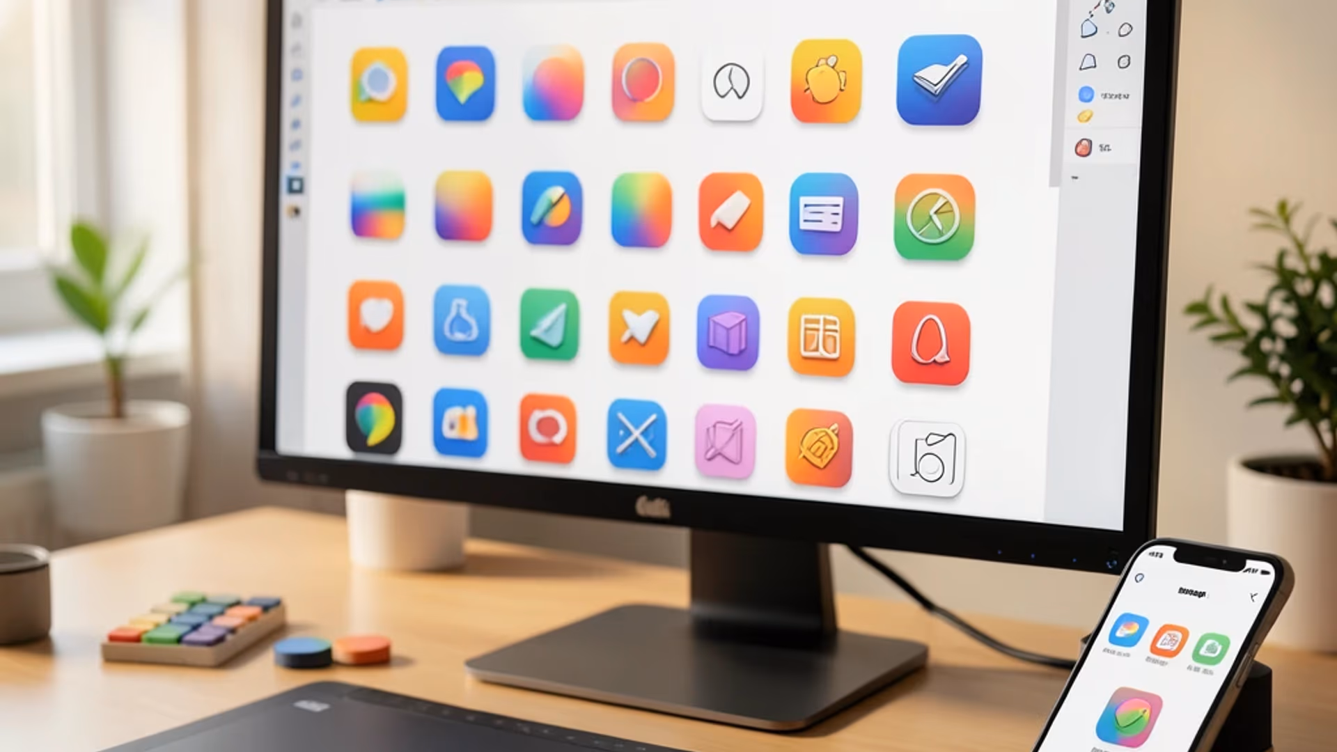 A grid of AI-generated app icons in flat, gradient, 3D, and line-art styles at various platform sizes including iOS 1024px, Android adaptive, and web favicon formats