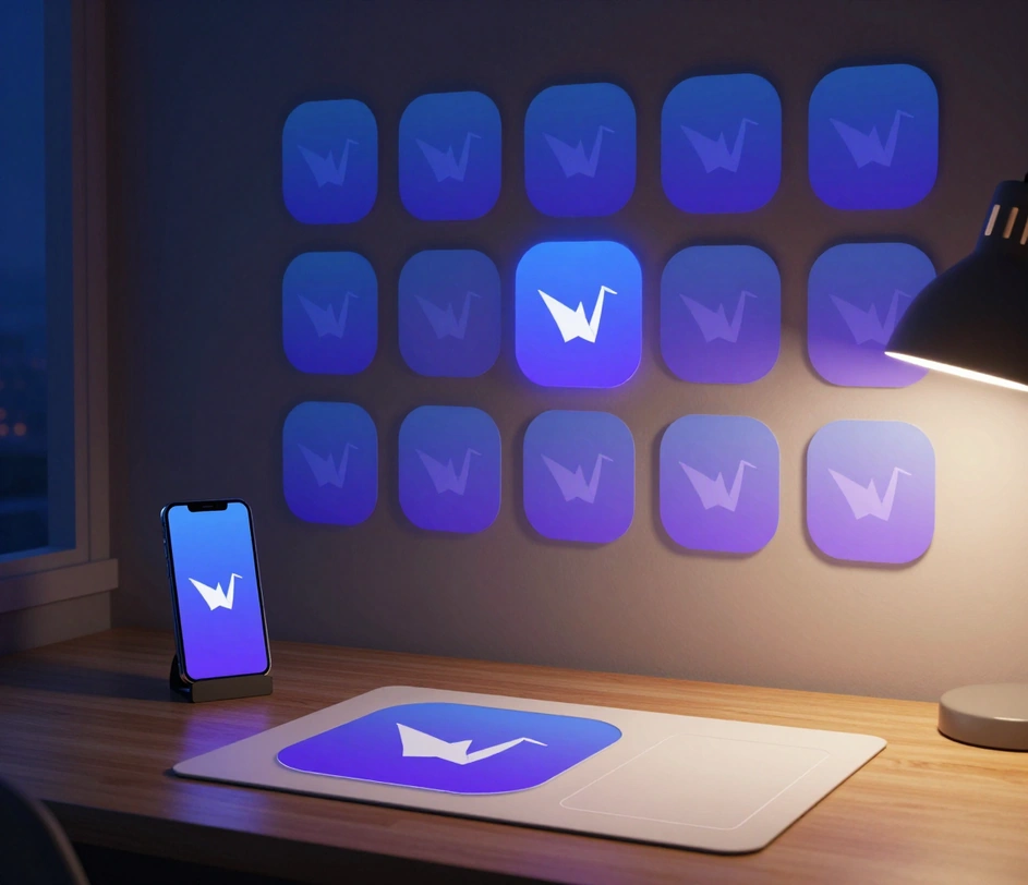A designer desk showing an AI-generated app icon grid in flat, gradient, and 3D styles beside a phone displaying the same icon installed on a home screen