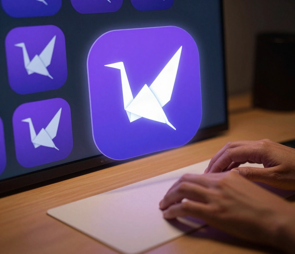 A hand typing a shield icon prompt into the icon generator input field on a laptop