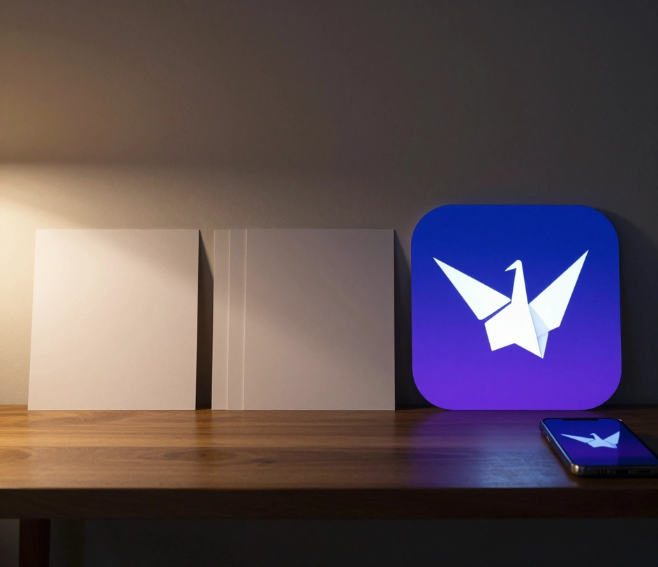 A three-zone desk with a prompt card, six icon style swatches, and a finished icon set ready to download on a laptop