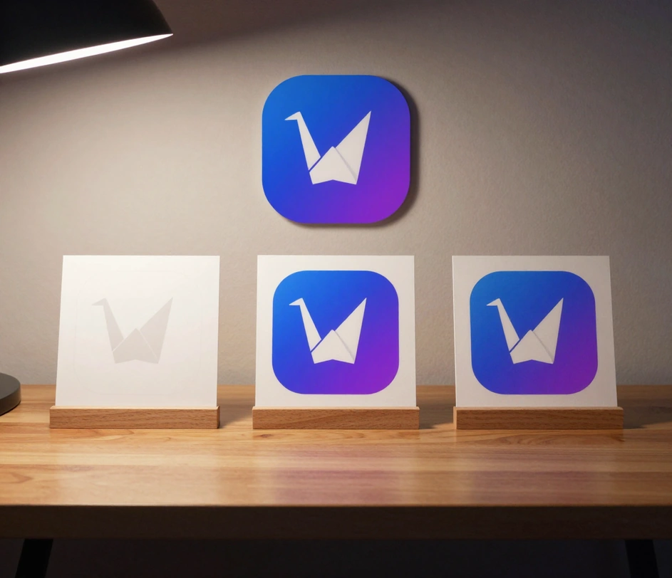 Three framed design outputs on a bright studio table — a logo mark, a vector illustration and a printed poster