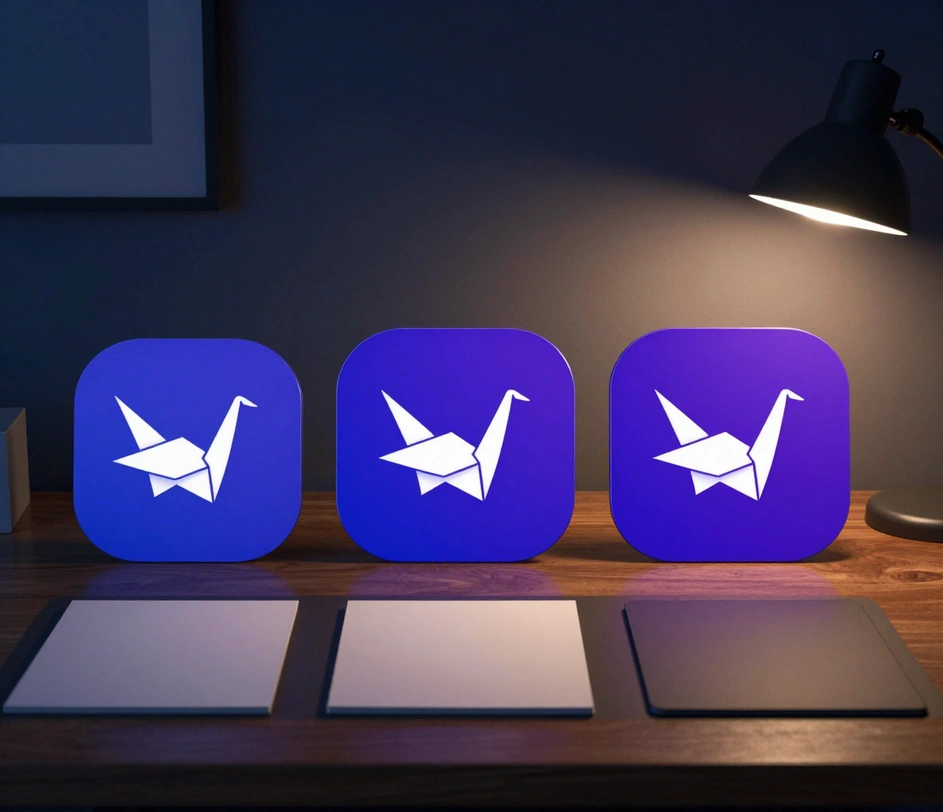 Three app icon prints arranged on a studio desk, showing progressively richer gradients, depth and edge crispness from left to right