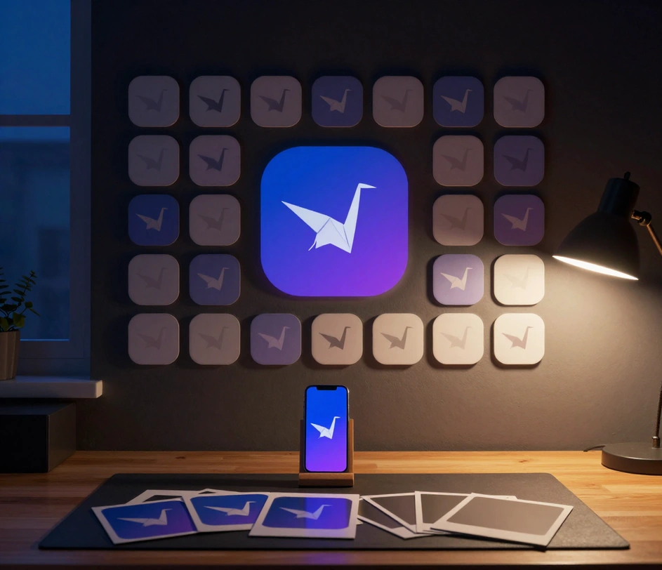 A product desk with a laptop showing icon prompts, printed icon sets in several styles, and a phone home screen fully themed with generated icons
