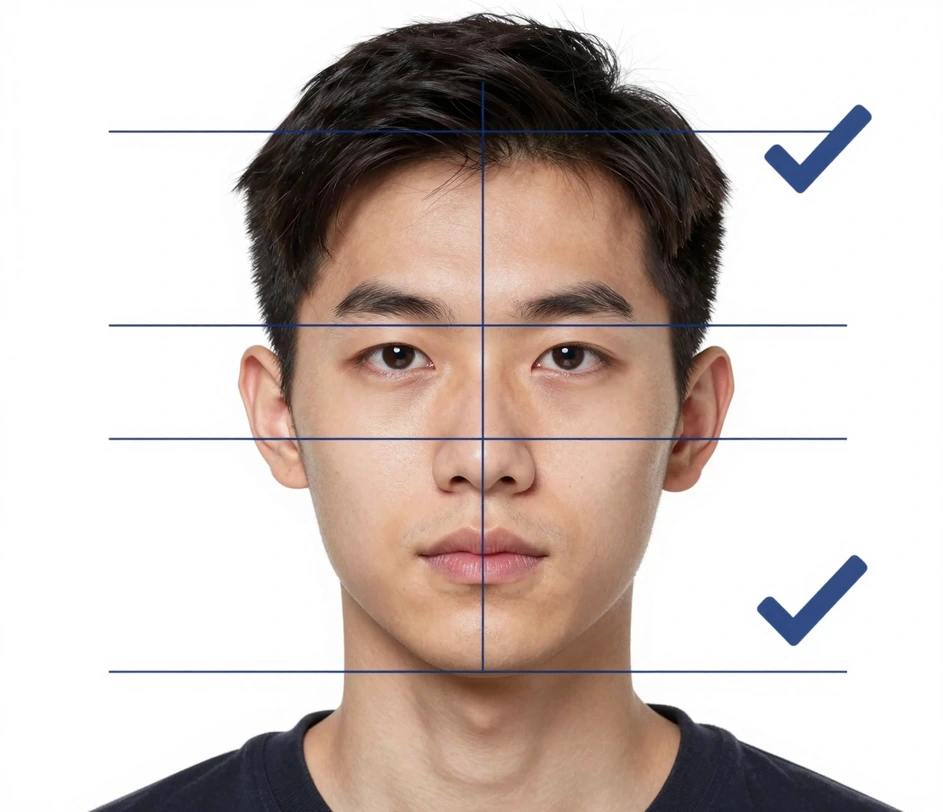An ID photo checked against official compliance rules, with head size, eye position, and background brightness aligned to government and school standards