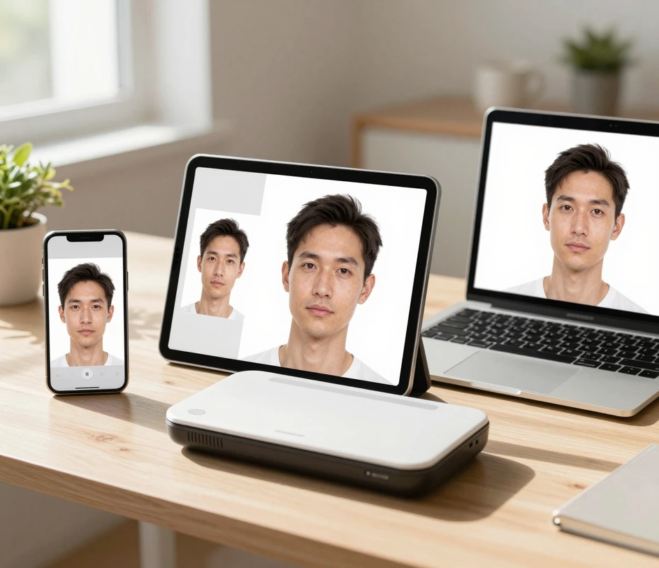 The ID photo maker running in a phone, tablet, and desktop browser simultaneously, turning a selfie into a compliant photo in seconds with no app installed