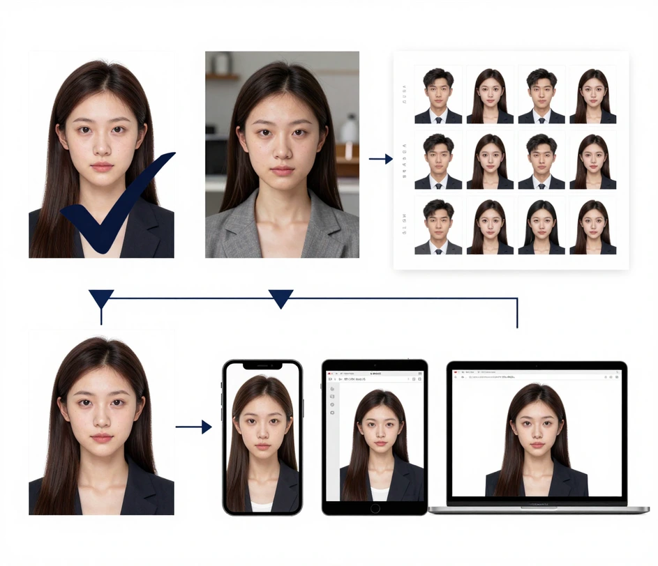 A showcase tableau of four signature ID photo maker capabilities — automatic compliance checking, one-click background replacement, multi-format export, and cross-device browser access — unified by a clean white studio backdrop aesthetic