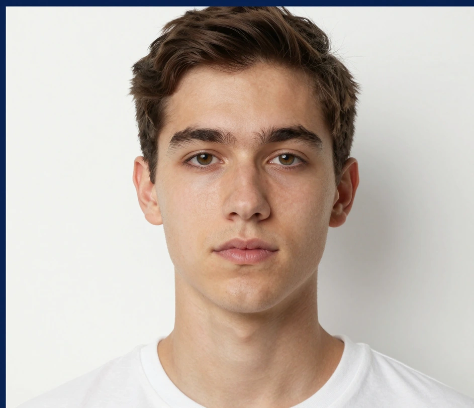 A regulation-compliant ID photo generated from a casual selfie, showing a centered head, solid white background, and even studio-style lighting produced automatically by the AI ID photo maker