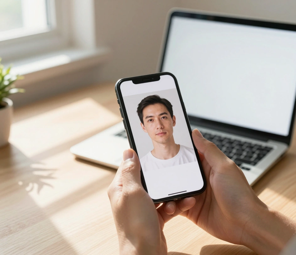 Hands uploading a recent smartphone selfie into the ID photo maker from any background