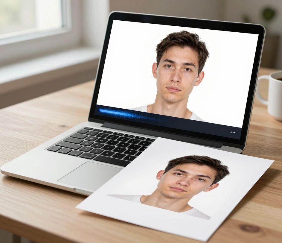 A finished compliant ID photo file saved to a device, ready for printing at a local shop or upload to an application portal
