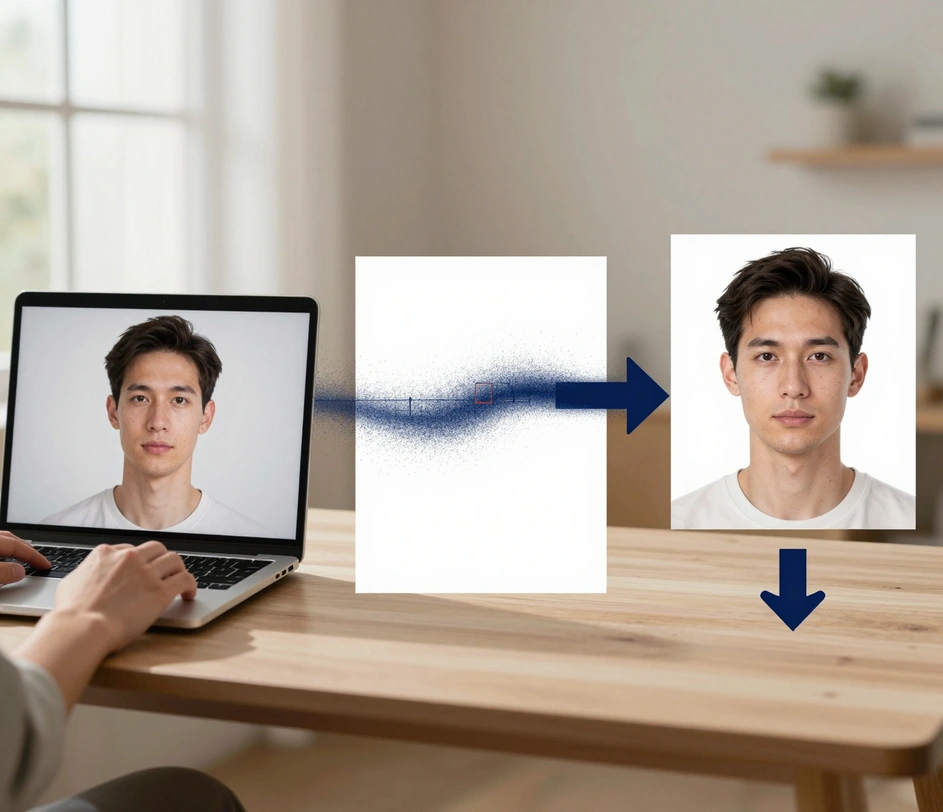 A cinematic three-step creator journey in a wide horizontal composition — uploading a selfie on the left, the AI adjusting crop and background in the center, and a finished compliant ID photo download on the right