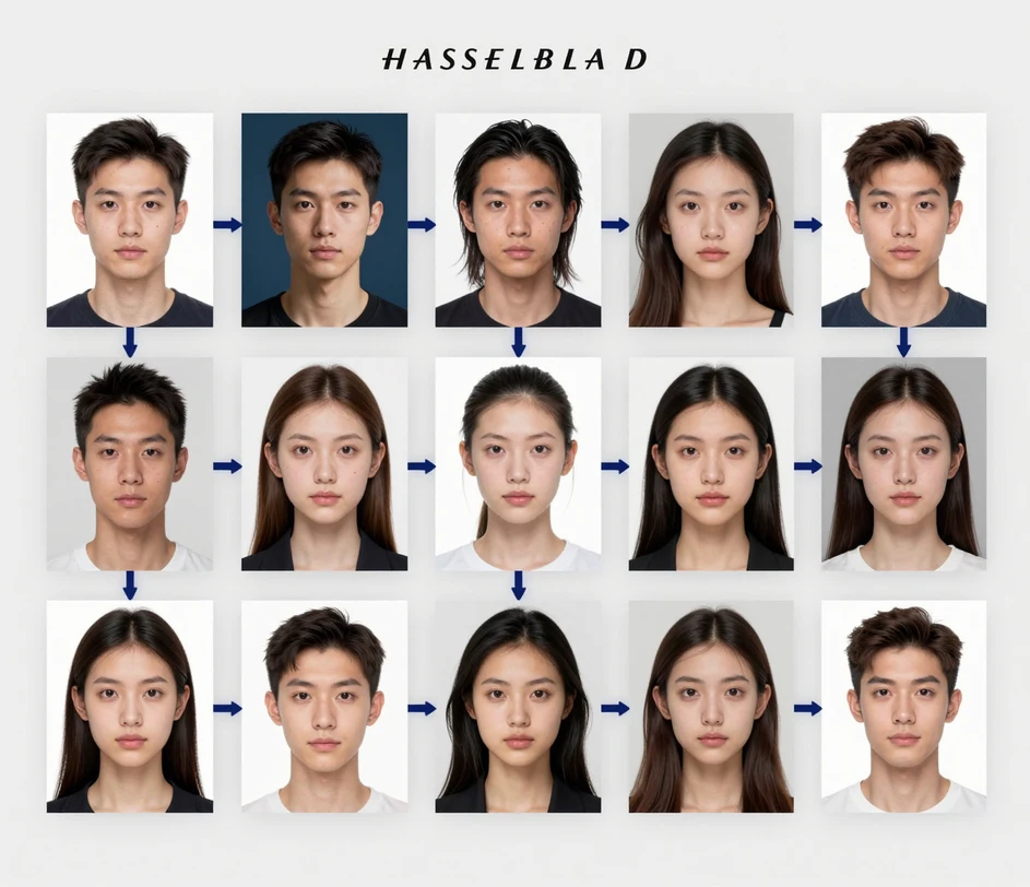 A wide horizontal showcase of related AI photo tools arranged as a polished product grid — passport photo generator, professional headshot maker, and AI text-to-image — connected by a unified clean studio aesthetic