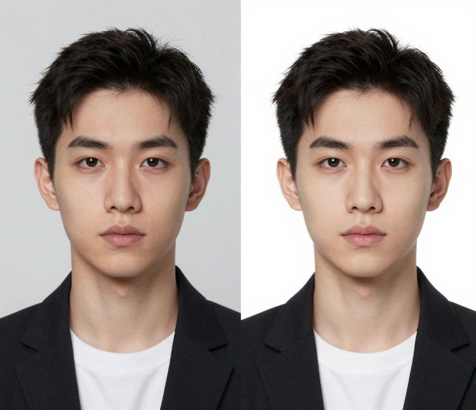 Side-by-side comparison of two ID photos processed at different quality tiers, showing the edge-quality difference on hair and glasses between the Standard commercial-grade model and the Pro licensed-data model