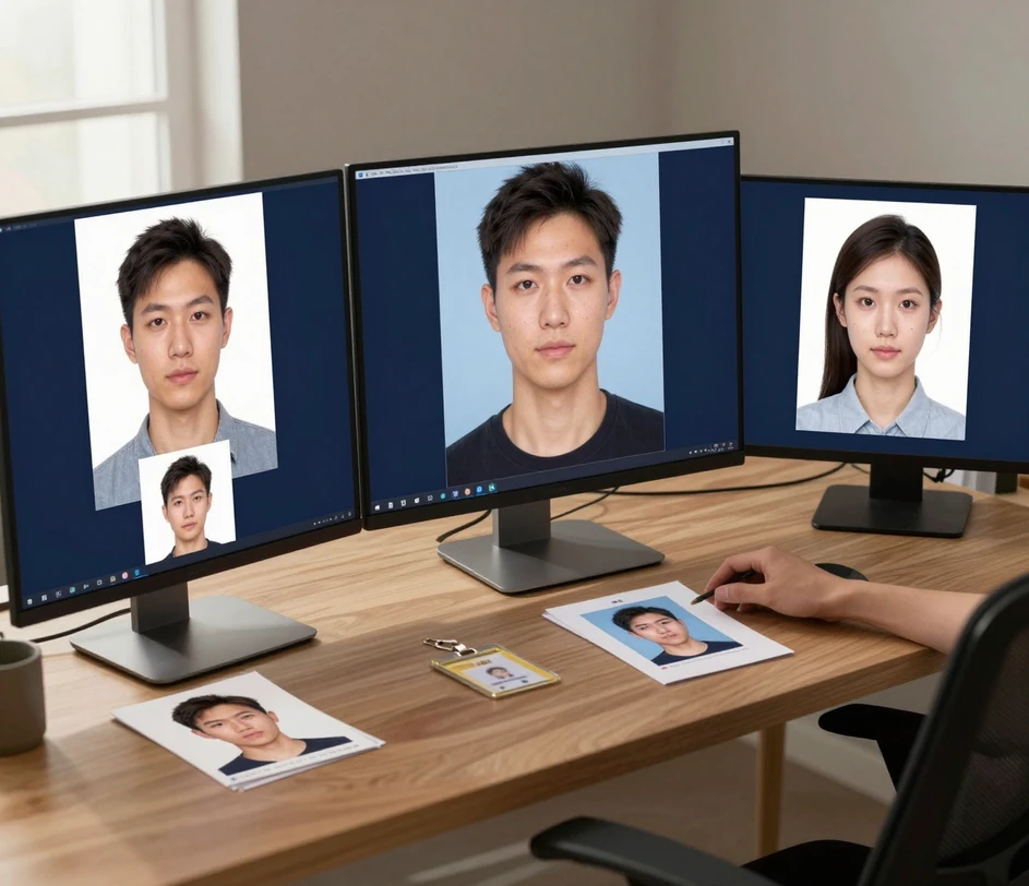 A multi-monitor scene showing several ID photo outputs — student card, passport, employee badge, and government ID — produced from selfies in a single afternoon at home