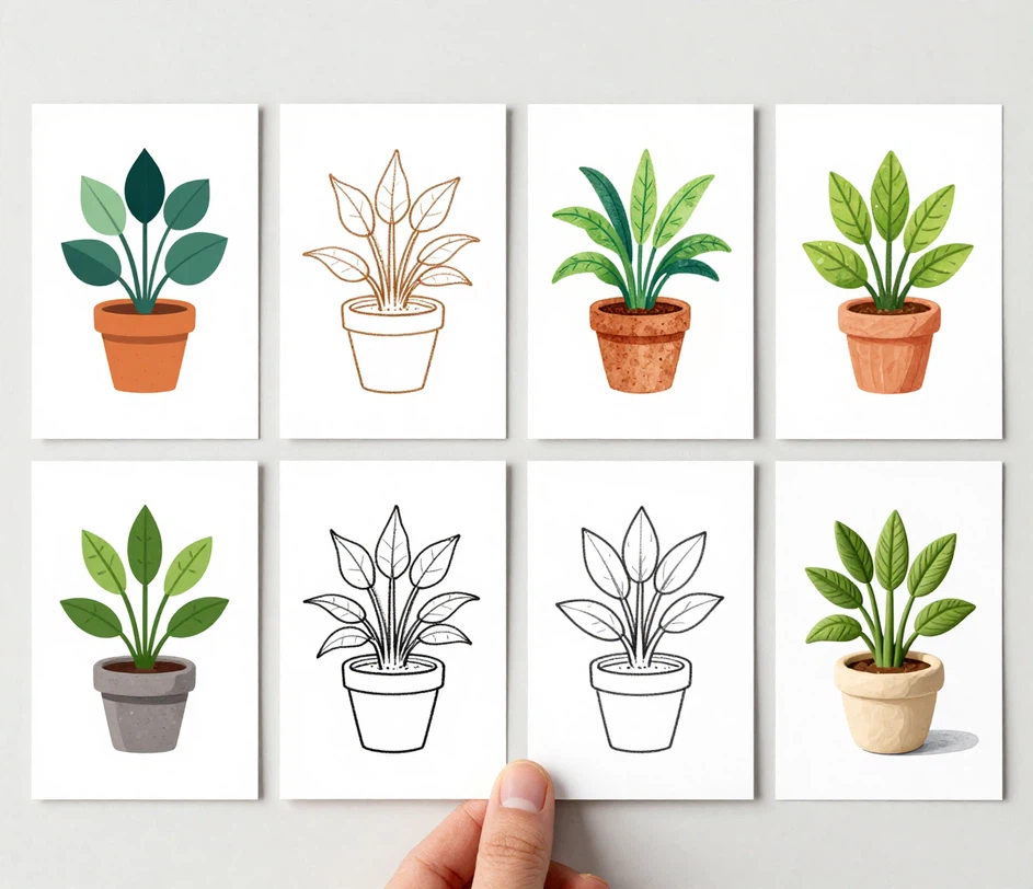 Seks stil-eksempelkort arrangeret i en række, der sammenligner flade, håndtegnede, akvarel-, linjekunst-, isometriske og 3D-gengivelser af samme stueplante