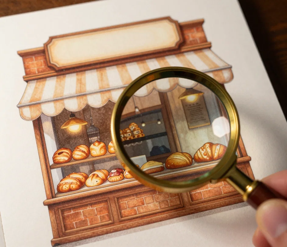 Et ekstremt tætstudie af et udprintet bageri-storefront-illustration under et forstørrelsesglas, den blanke markisefacade afslører knivskarpe rene kanter under forstørrelse og formidler bogstavpræcis skiltekvalitet