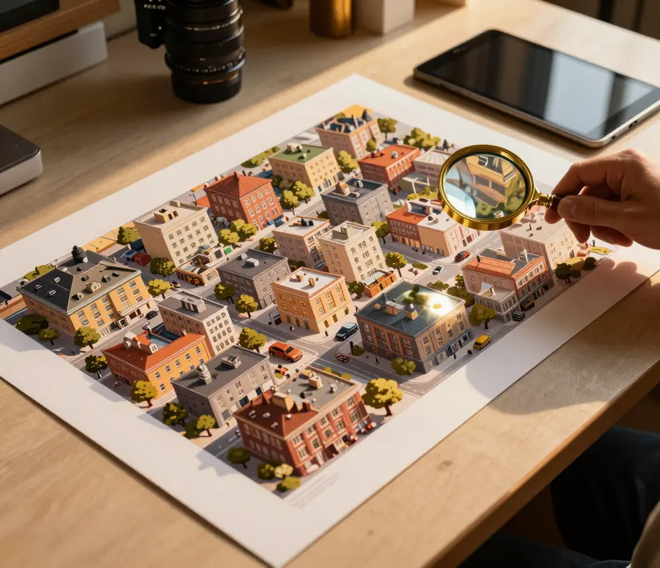 Et storformat-udprintet isometrisk bybillede på et studiebord i gyldent lys, en hånd holder et forstørrelsesglas over en kant og afslører knivskarpe 3K-skarpe taglinjer