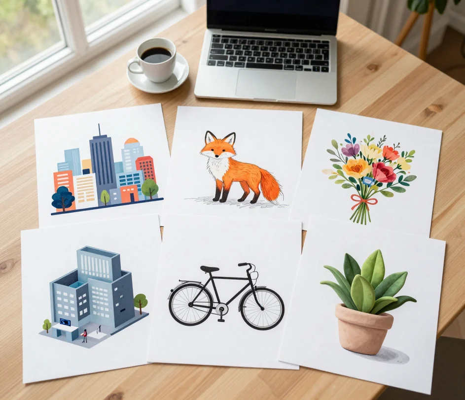 Et ryddeligt kreativt arbejdsområde med udprintede AI-illustrationer i seks stilarter udbredt på tværs af bordet ved siden af en bærbar computer og en kop kaffe