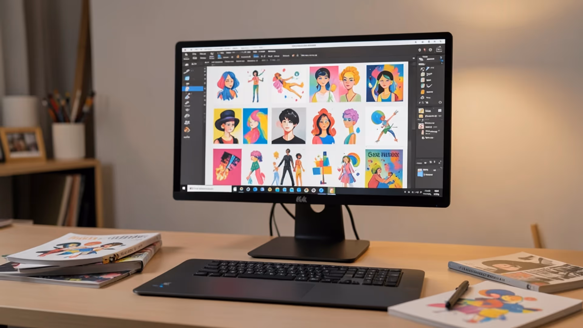 A collage of AI-generated illustrations in flat, vector, and watercolor styles produced by the tool, showcasing diverse subjects including character designs, landscape scenes, and abstract patterns