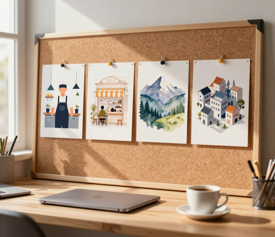 En lys kreativ arbejdsplads med en lukket bærbar computer og kaffe, og en opslagstavle på væggen ovenover med fire færdige AI-illustrationer i fladt, håndtegnet, akvarel- og isometrisk stil hængt op i en pæn række