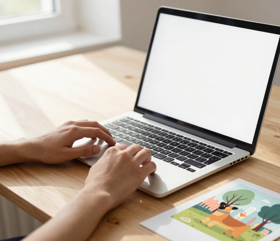 Tæt studie set ovenfra af hænder, der taster på et separat tastatur i morgonlys, med hjørnet af et udprintet fladt illustrationsværk ved siden af på et varmt træbord