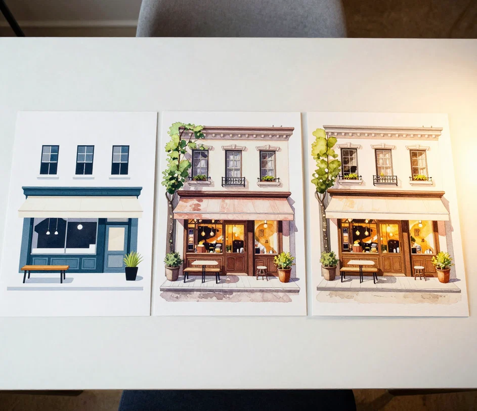 Tre illustrationer af samme caféscene vist side om side med stigende gengivelsesnøjagtighed, fra en simpel flad version til en detaljeret 3K-akvarelrendering med fine teksturer