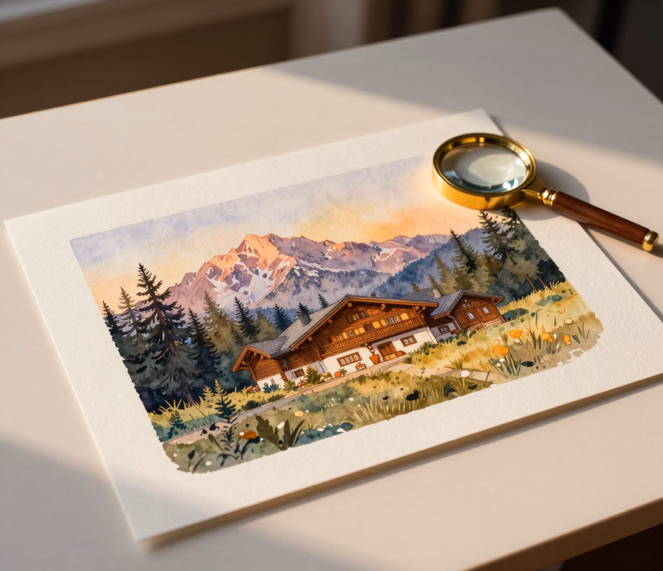 En kampagnekvalitets 3K-akvarellustration af en bjerghytte i den gyldne time med indviklede teksturer, afbalanceret komposition og detaljer klar til print