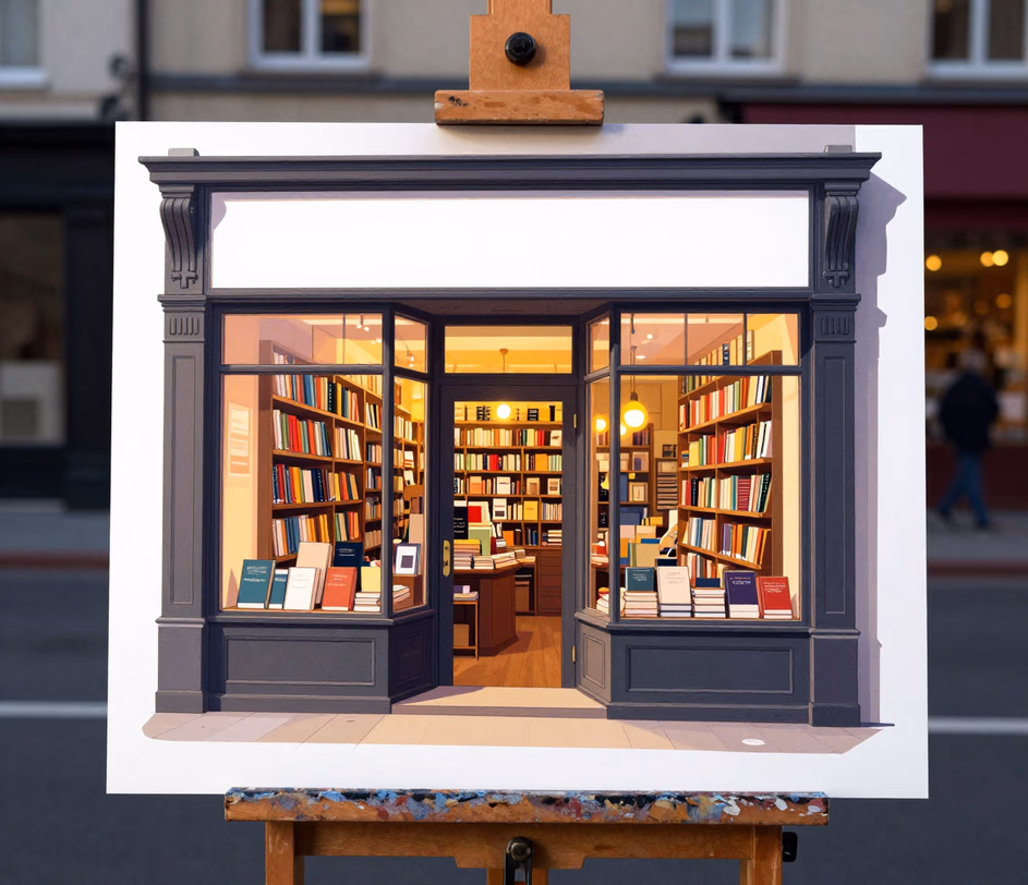 En forfinet 2K-illustration af en hyggelig bogbutsfacade i tusmørke, vist på et studiestaffeli, med varmt lysende vinduer, knivskarpe rene skilteformer og rigt lagdelt arkitektonisk detalje