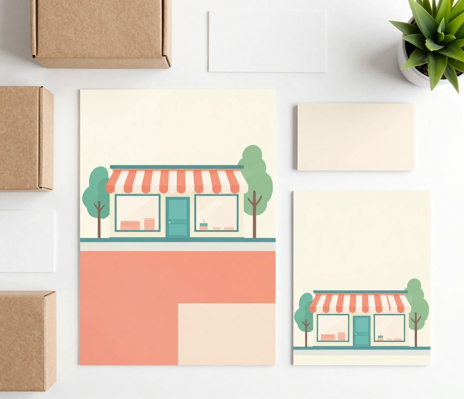 Et brandkit til en lille virksomhed udbredt med matchende illustrationer på tværs af en website-hero, produktemballage og præsentationsomslag, alt i én konsistent flad stil