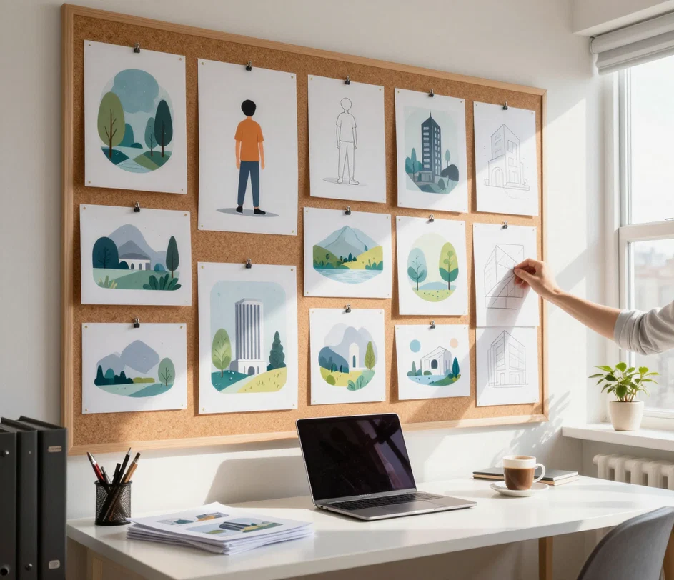 Et solrigt hjemmekontor, hvor en hånd fastgør endnu et færdigt AI-illustrationsværk til en opslagstavle med kunstværker i blandede stilarter, over et lyst bord med en lukket bærbar computer og kaffe