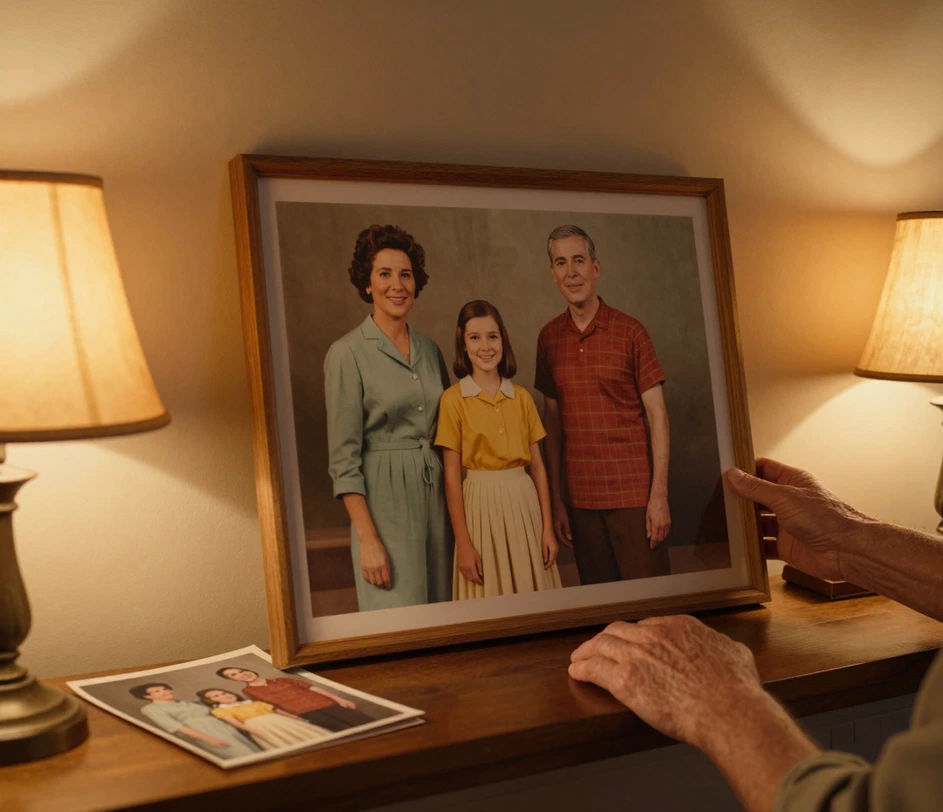 A freshly colorized family photograph being placed into a wooden frame beside the original black and white print, warm room light celebrating the restored colors