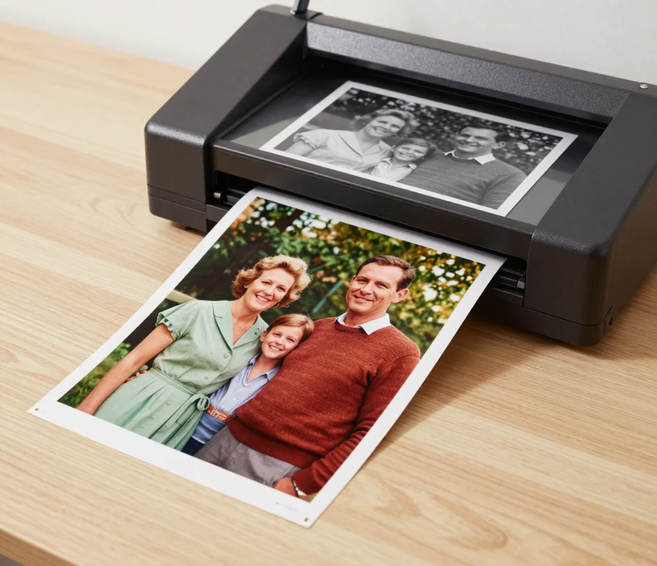 A black and white family portrait on a scanner glass while the same photograph rolls out of the slot already colorized with natural skin tones and garden greens, a single continuous pass