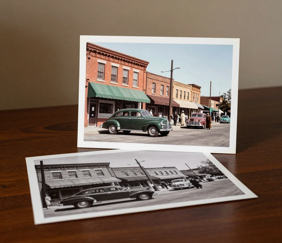 A 1940s street scene photograph split between its grayscale original and colorized version, with vintage cars, storefront signage, and pedestrians rendered in period-accurate colors