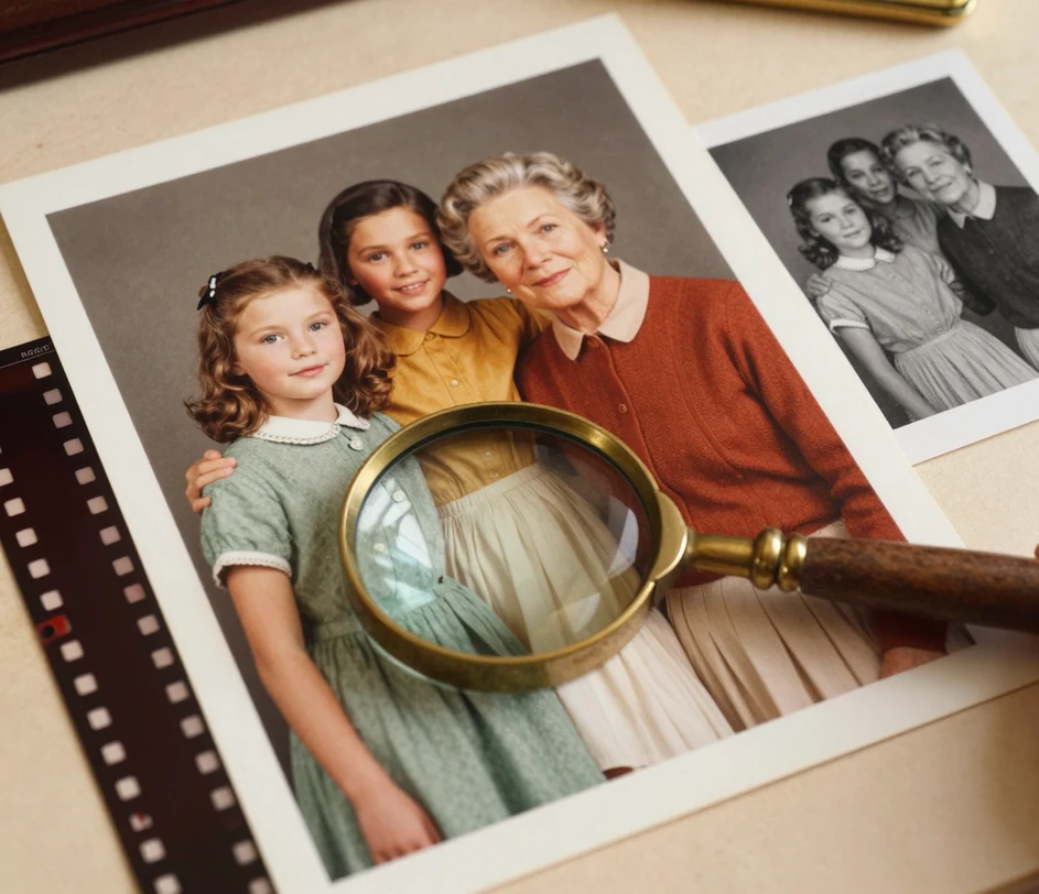 A brass loupe magnifier resting on a large colorized family portrait, the lens revealing magnified fabric weave and fine skin texture at full sharpness, with the original negative strip beside the print