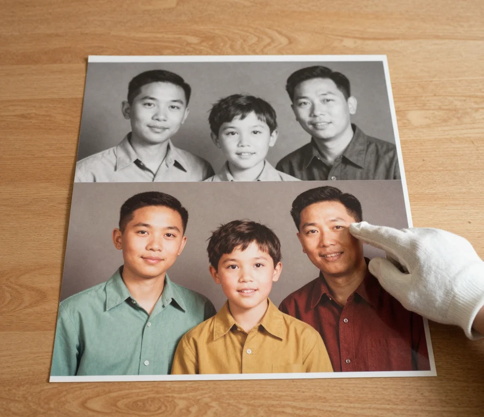 A top-down view of a wooden table with the large colorized family portrait in the foreground and the original black and white version behind it, a cotton-gloved hand pointing at the restored faces for comparison