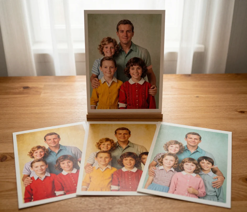 One large framed family portrait in natural true-to-life color with three smaller prints of the same photograph fanned out in front, each in a distinct mood: vivid saturated, warm vintage golden, and soft pastel muted