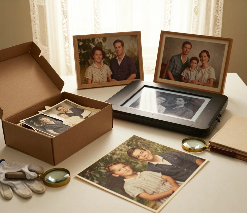 A family photo restoration table in afternoon light with an open shoebox of black and white prints, a flatbed scanner, and three colorized photographs in natural restored tones arranged at different heights on the desk