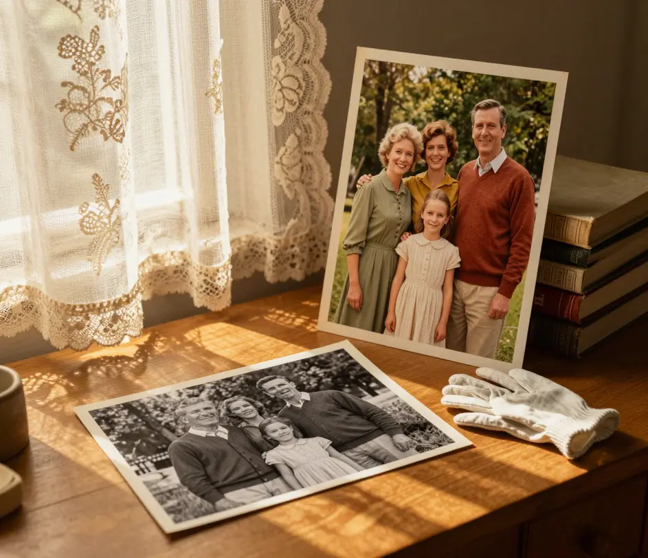 A vintage black and white family portrait photograph lying on a wooden table beside the same photograph restored in realistic natural color, with lifelike skin tones, period clothing hues, and a softly colored background