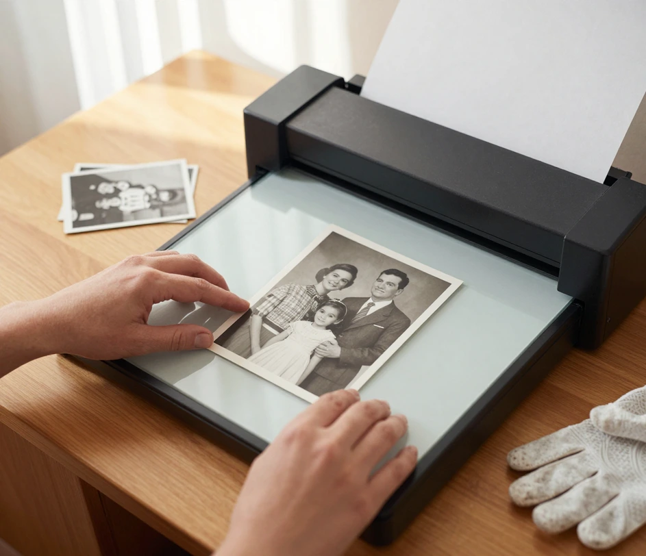 Hands placing a black and white portrait photograph onto a scanner bed, with a bright desk and the original print waiting beside it
