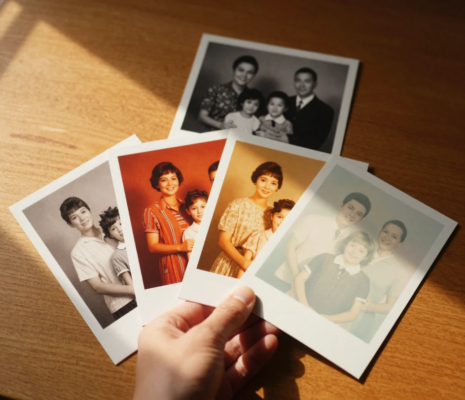 Four color mood cards spread on a desk with a hand pushing the natural true-to-life card forward as the chosen style above a black and white photograph