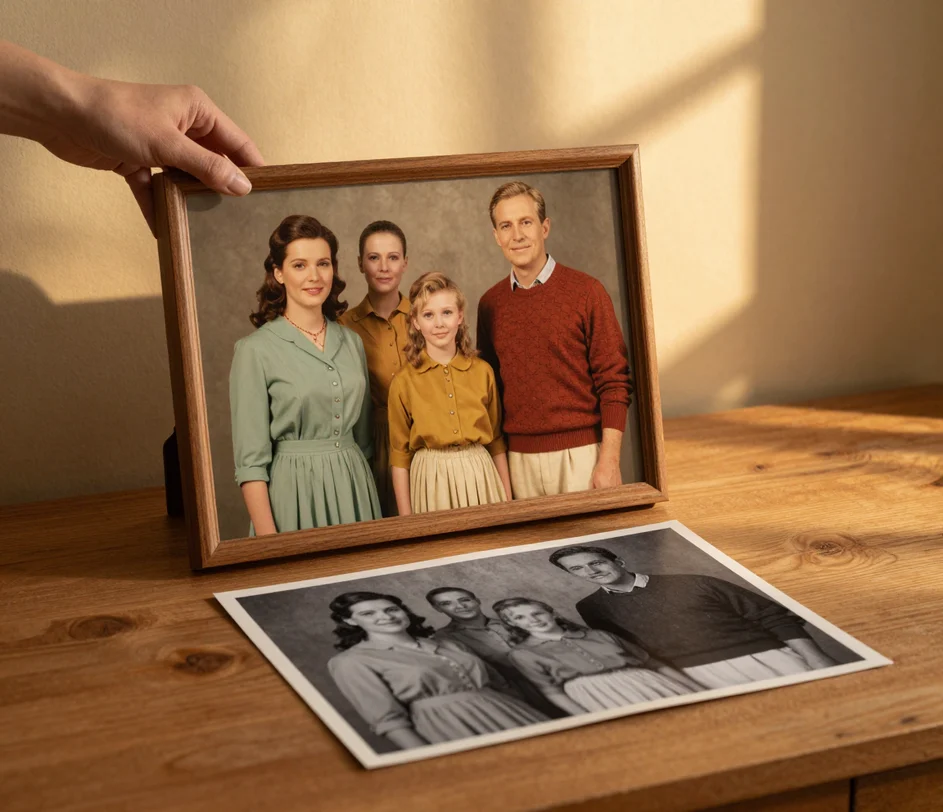 The finished colorized family portrait standing in a walnut frame on a warm desk, a hand giving it an approving tap, with the original black and white photograph lying flat beside it