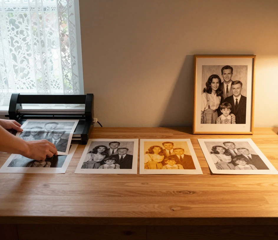 A three-stage desk strip: a hand placing a black and white photograph on a scanner, four small color mood cards spread for choosing, and the finished colorized photograph held up beside the original print