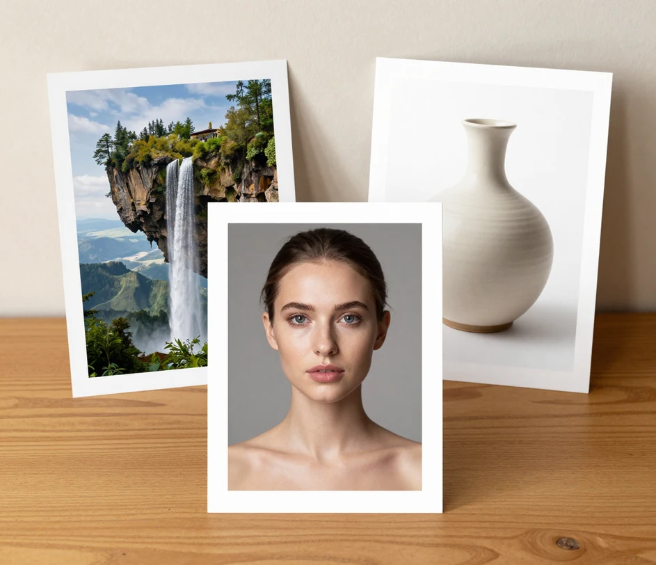Three photo tool previews arranged on a warm desk: a softly retouched portrait in a thin white frame, a vivid fantasy landscape emerging from a blank print, and a ceramic vase cleanly cut out on pure white