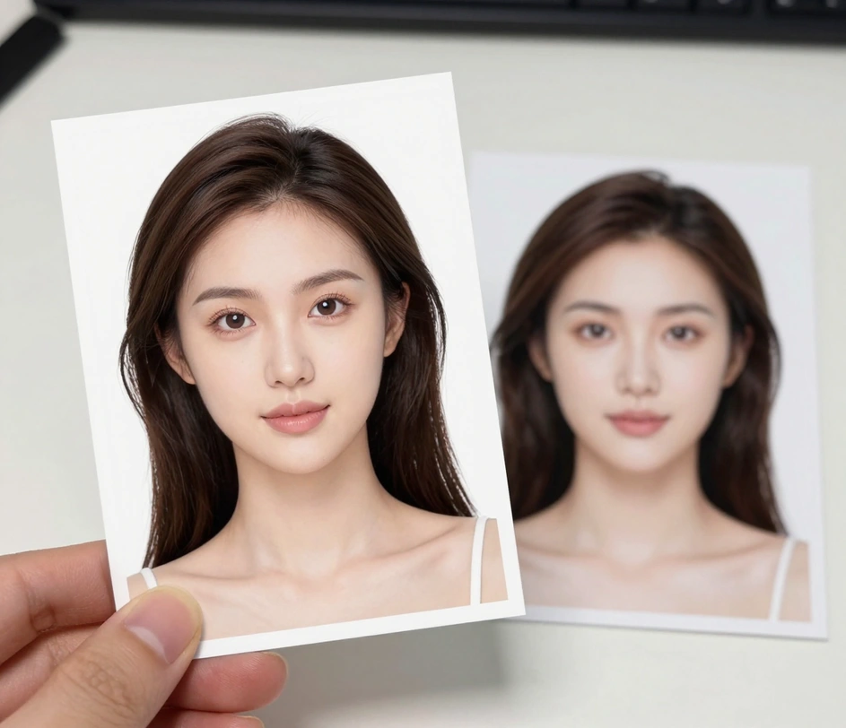 An AI-enhanced portrait showing smooth skin and corrected lighting from the photo retouching tool