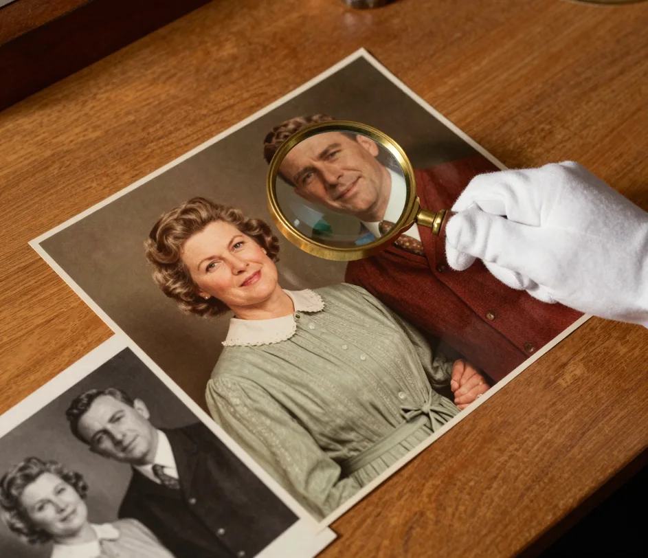 An overhead archival restoration desk: one large colorized 1962 family portrait as the centerpiece, a white-gloved hand holding a brass magnifying glass over it revealing enlarged fabric-weave and foliage detail, with the smaller original black and white version of the same photograph in the corner